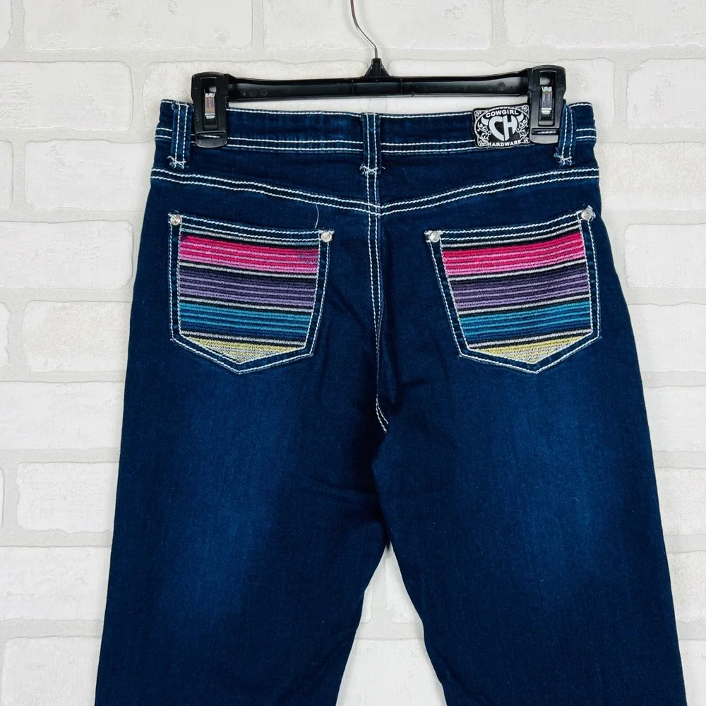 Dark Wash Girls' Flared Jeans with Pink Accent Stretch Denim